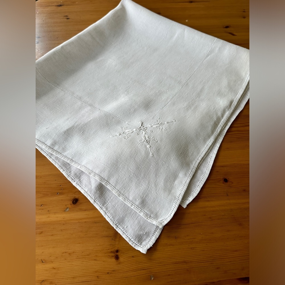 Vintage white linen embroidered tablecloth